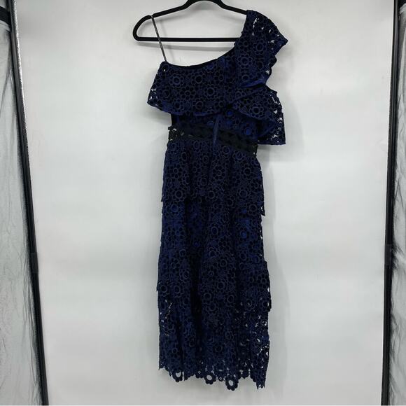 SELF-PORTRAIT One Shoulder Midi Dress in Navy - Picture 5 of 6